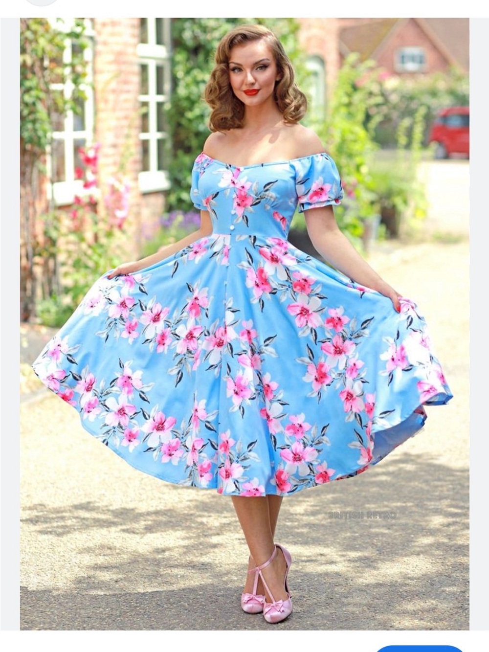 British retro blue pink floral swing Dress UK 8 = US 4